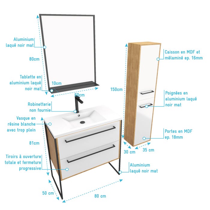 Ensemble de salle de bain 80cm + vasque blanche 80x50 + tiroir blanc mat + miroir + colonne 3
