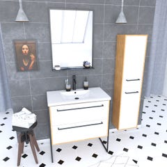 Ensemble de salle de bain 80cm + vasque blanche 80x50 + tiroir blanc mat + miroir + colonne 0