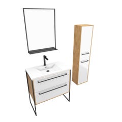 Ensemble de salle de bain 80cm + vasque blanche 80x50 + tiroir blanc mat + miroir + colonne 2