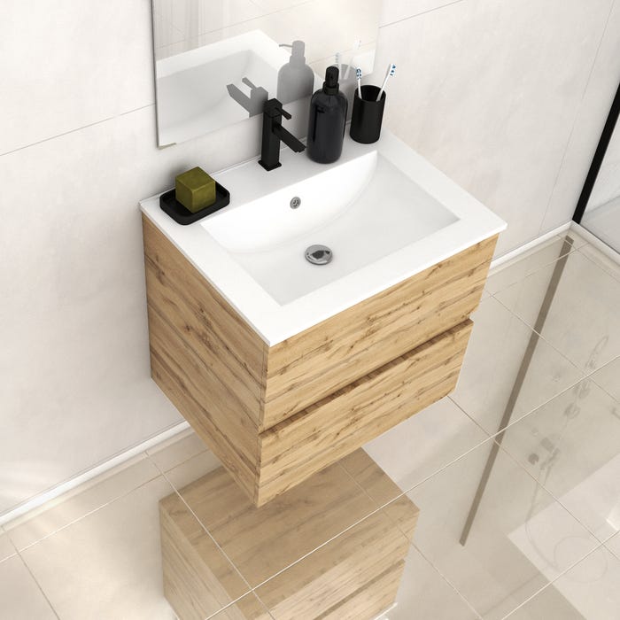 Meuble de salle de bains 60cm 2 Tiroirs_Chêne Naturel + Vasque céramique blanche - TIMBER 60 4