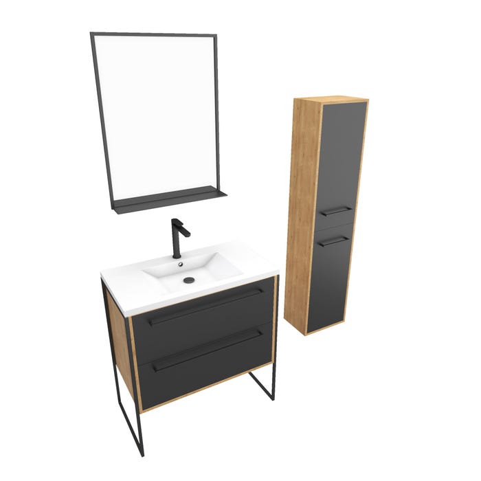Meuble de salle de bain 80x50cm - vasque blanche 80x50cm -tiroirs noir mat + colonne + miroir 2