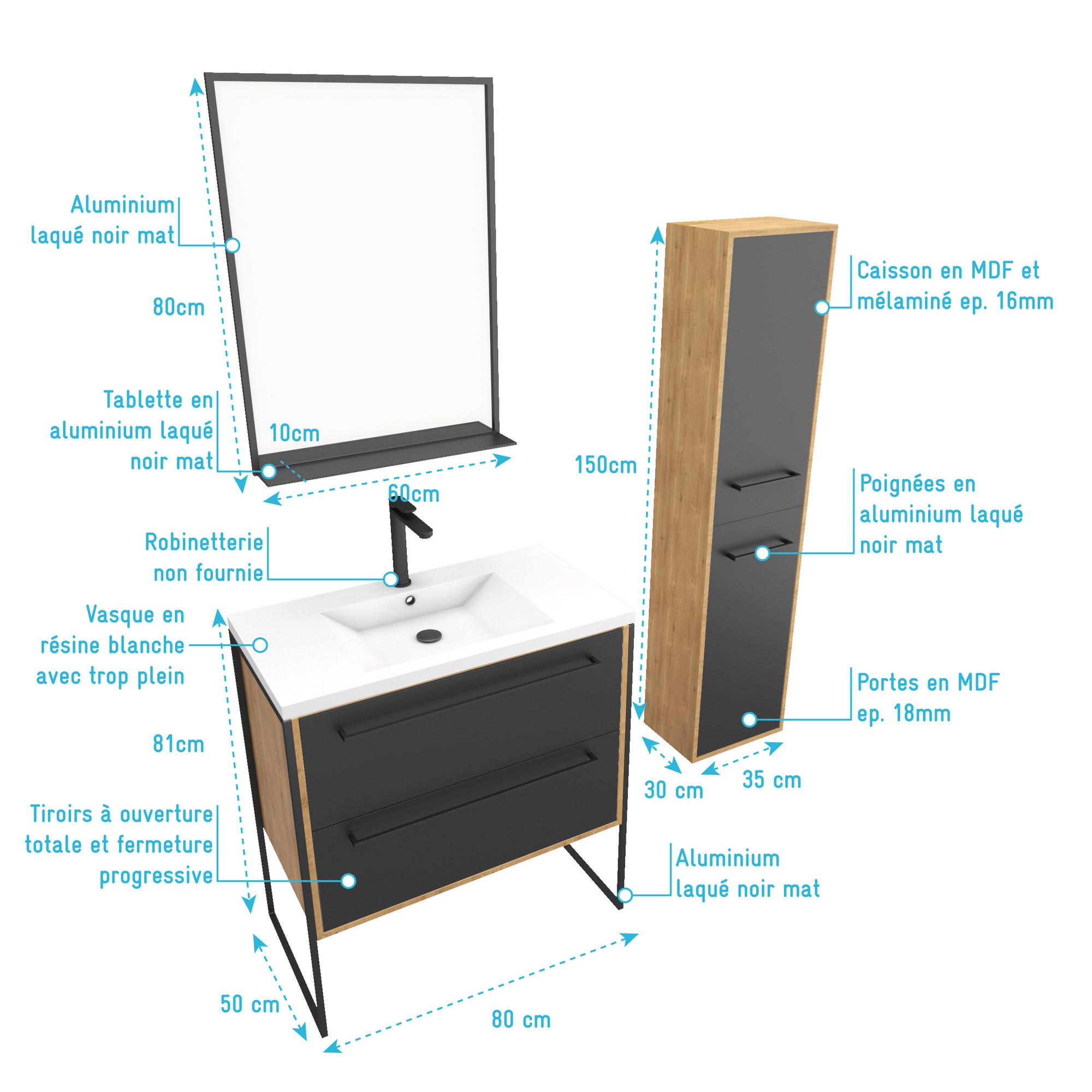 Meuble de salle de bain 80x50cm - vasque blanche 80x50cm -tiroirs noir mat + colonne + miroir 3