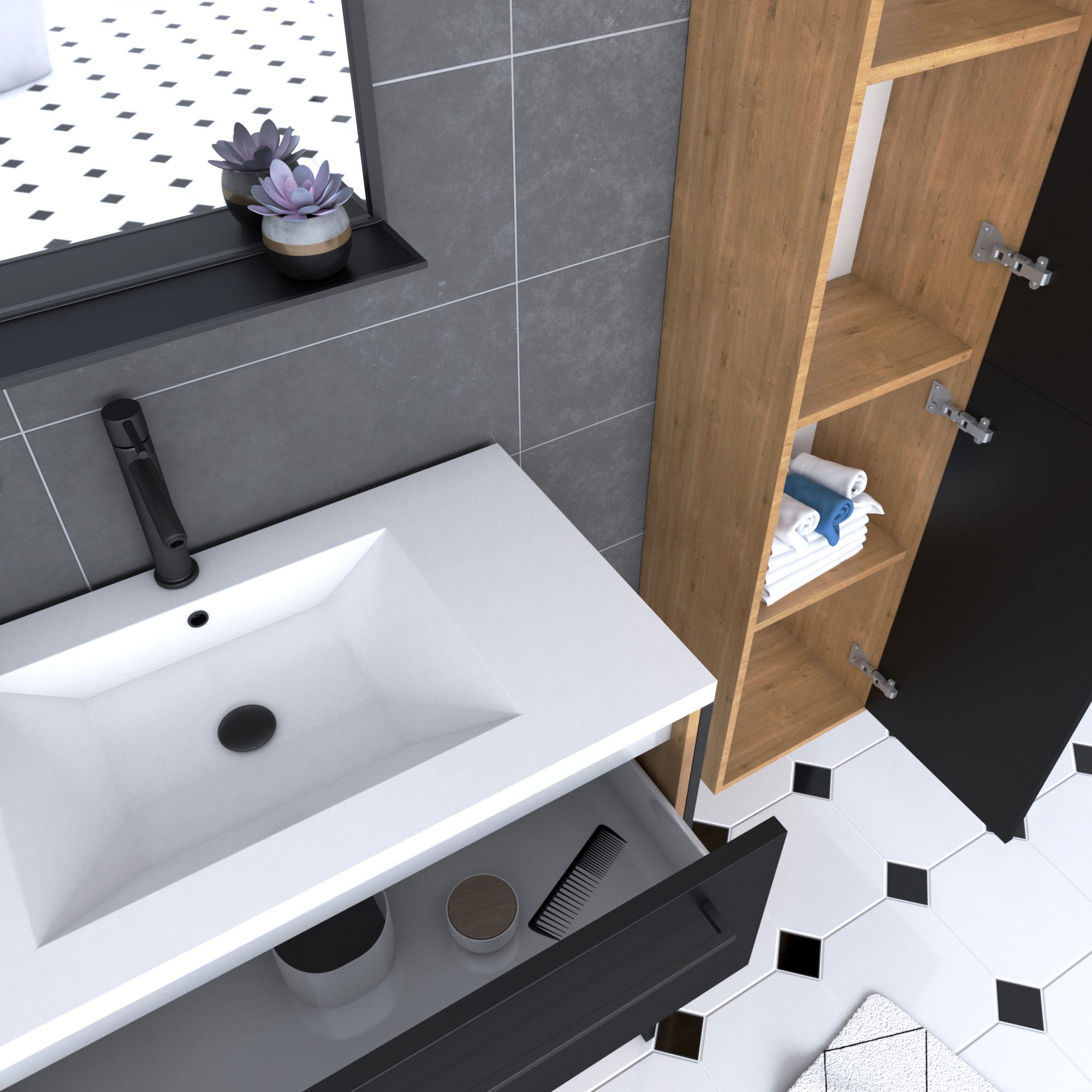 Meuble de salle de bain 80x50cm - vasque blanche 80x50cm -tiroirs noir mat + colonne + miroir 1