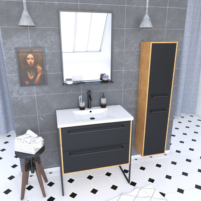 Meuble de salle de bain 80x50cm - vasque blanche 80x50cm -tiroirs noir mat + colonne + miroir 0