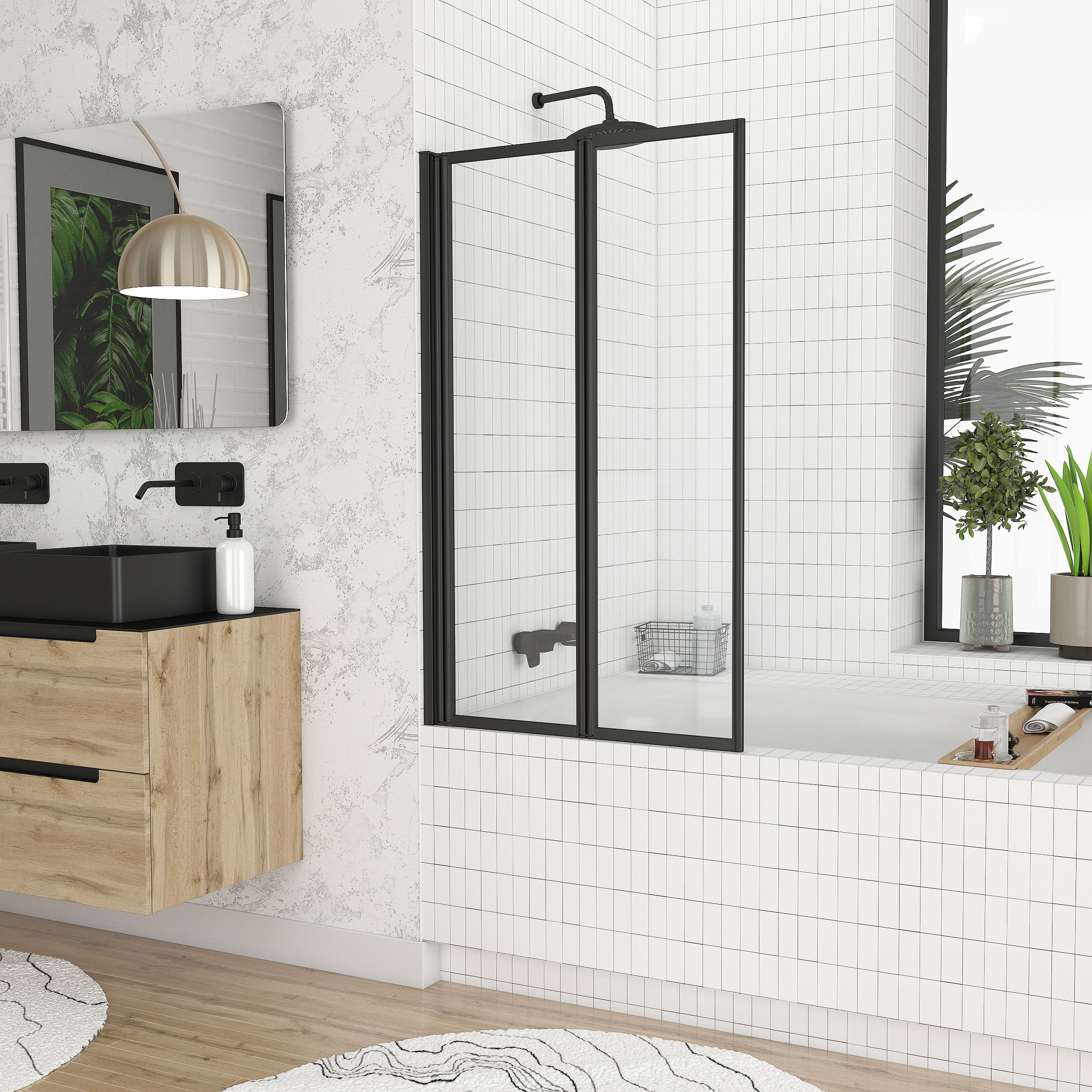Pare-baignoire Pivotant 70x120cm - 2 Volets Noir Mat - Verre Trempé 4mm - DUPLO