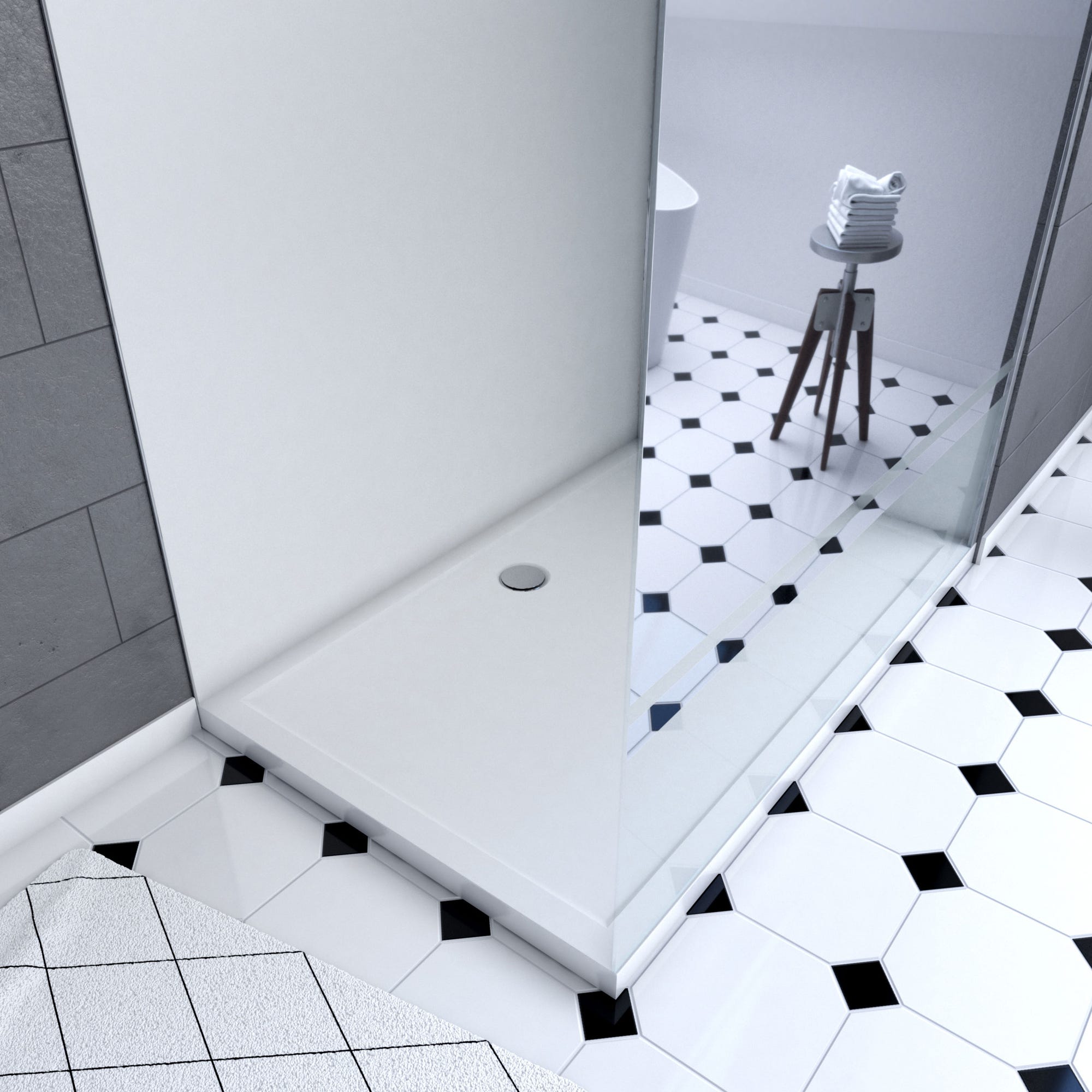 Ensemble complet douche à l'Italiennne avec Receveur 90x120 + Paroi miroir + Panneaux muraux blanc 1