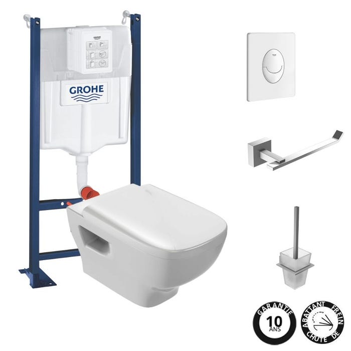 Pack WC suspendu sans bride JACOB DELAFON Struktura + Bati-support GROHE + plaque Start blanc + porte-balai + porte-rouleau carré 0
