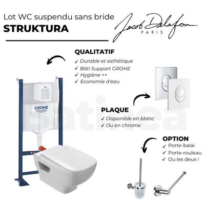Pack WC suspendu sans bride JACOB DELAFON Struktura + Bati-support GROHE + plaque Start chrome + porte-rouleau rond 4