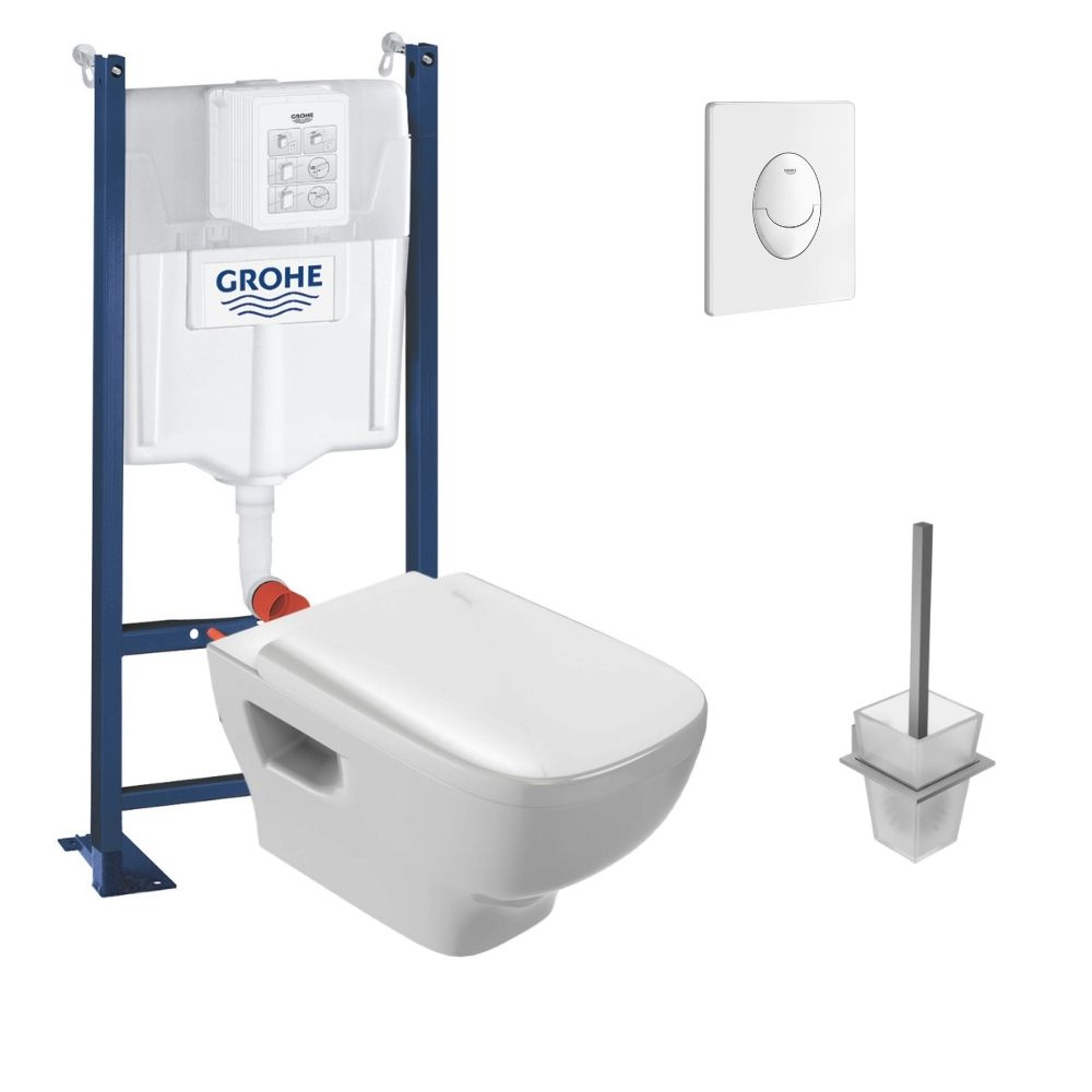 Pack WC suspendu sans bride JACOB DELAFON Struktura + Bati-support GROHE + plaque Start blanc + porte-balai carré 0