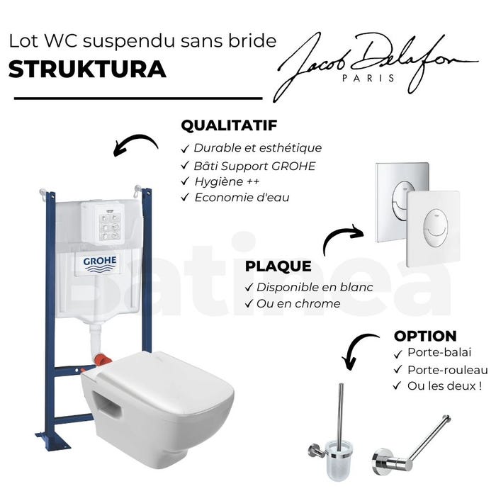 Pack WC suspendu sans bride JACOB DELAFON Struktura + Bati-support GROHE + plaque Start blanc + porte-rouleau rond 4