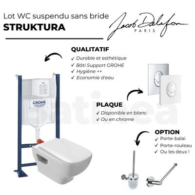 Pack WC suspendu sans bride JACOB DELAFON Struktura + Bati-support GROHE + plaque Start chrome + porte-balai + porte-rouleau rond 4