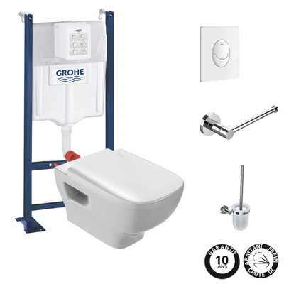 Pack WC suspendu sans bride JACOB DELAFON Struktura + Bati-support GROHE + plaque Start blanc + porte-balai + porte-rouleau rond 0