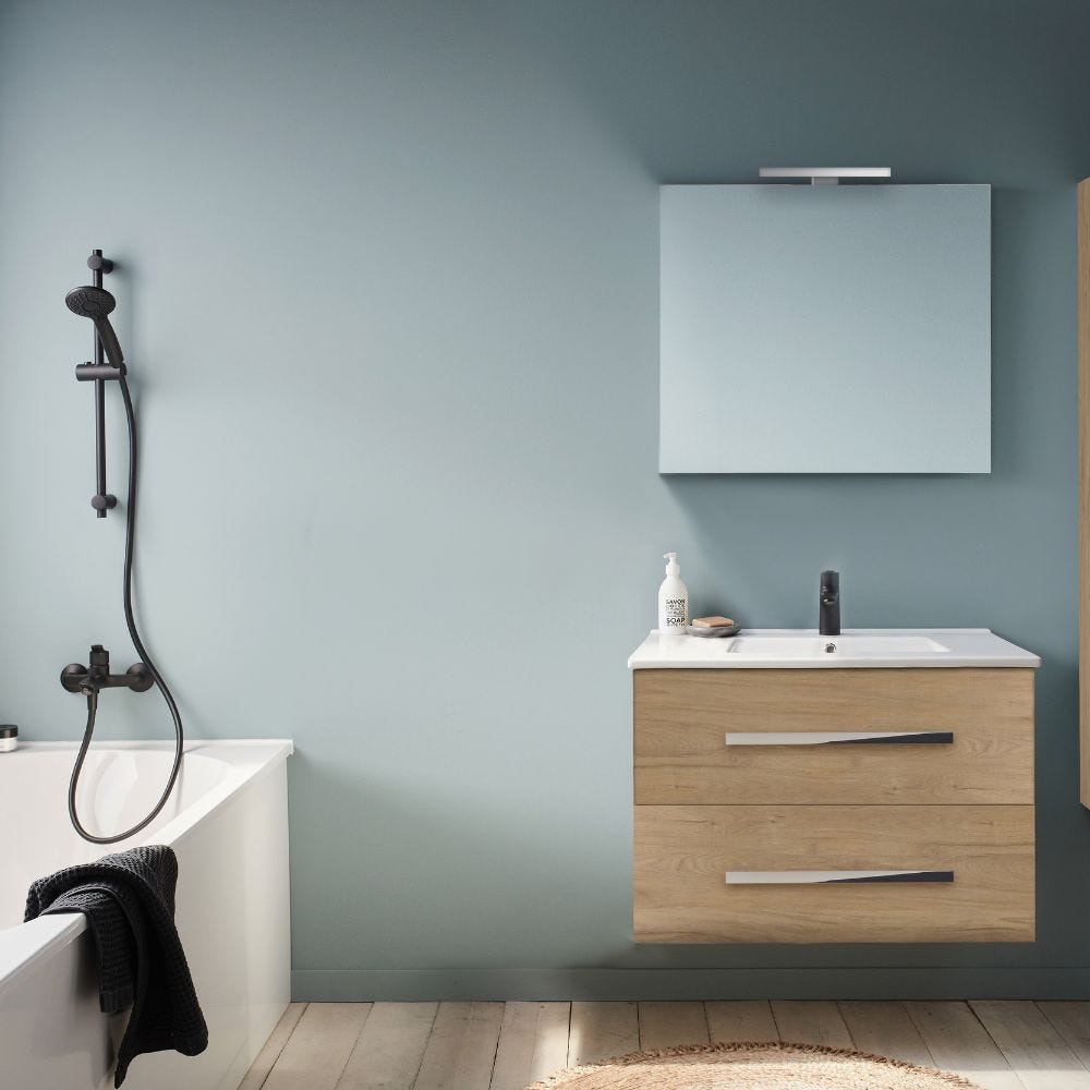 Meuble salle de bain simple vasque 60 cm JACOB DELAFON Ola Up avec miroir et spot chêne colorado 1
