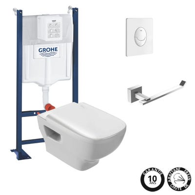 Pack WC suspendu sans bride JACOB DELAFON Struktura + Bati-support GROHE + plaque Start blanc + porte-rouleau carré 0