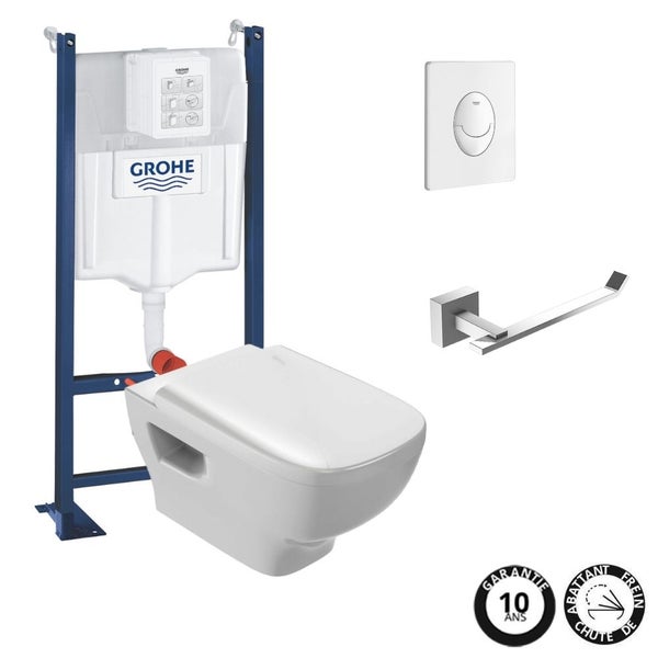 Pack WC suspendu sans bride JACOB DELAFON Struktura + Bati-support GROHE + plaque Start blanc + porte-rouleau carré 0