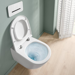 Lot WC modèle suspendu VILLEROY ET BOCH Universo TwistFlush blanc + bâti et plaque blanche GROHE 2