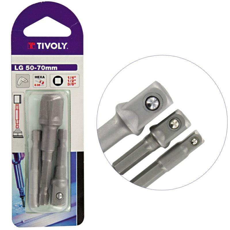Adaptateurs HEXA 6.35 X3 TIVOLY vers 1/2", 1/4" et 1/8" - Adaptable toutes visseuses. Pour douilles à emmanchement Lot 3 pièces
