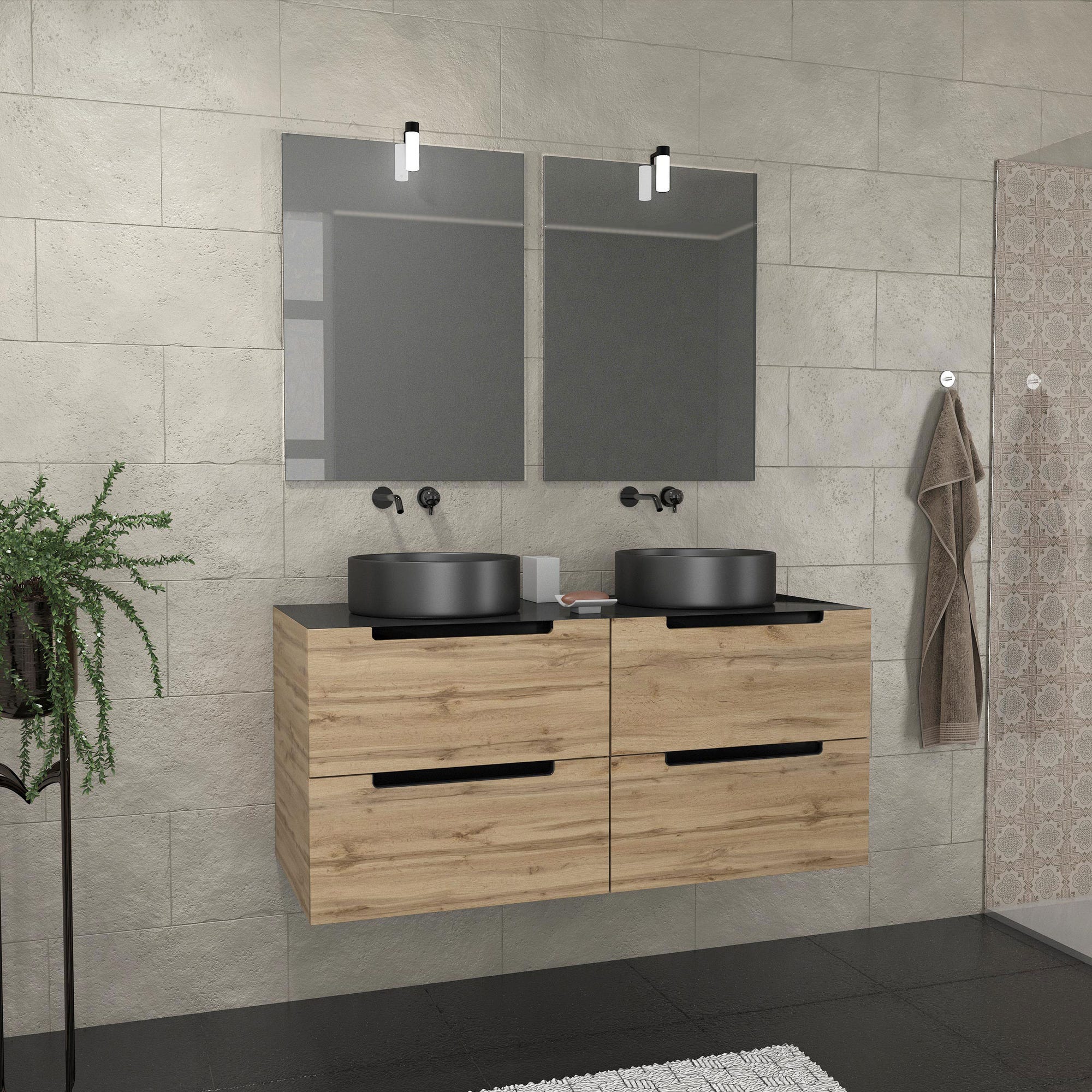 Meuble salle de bains 120cm Chêne et noir, Vasques rondes Ø36 & Miroirs avec appliques 55x75 - OMEGA 0