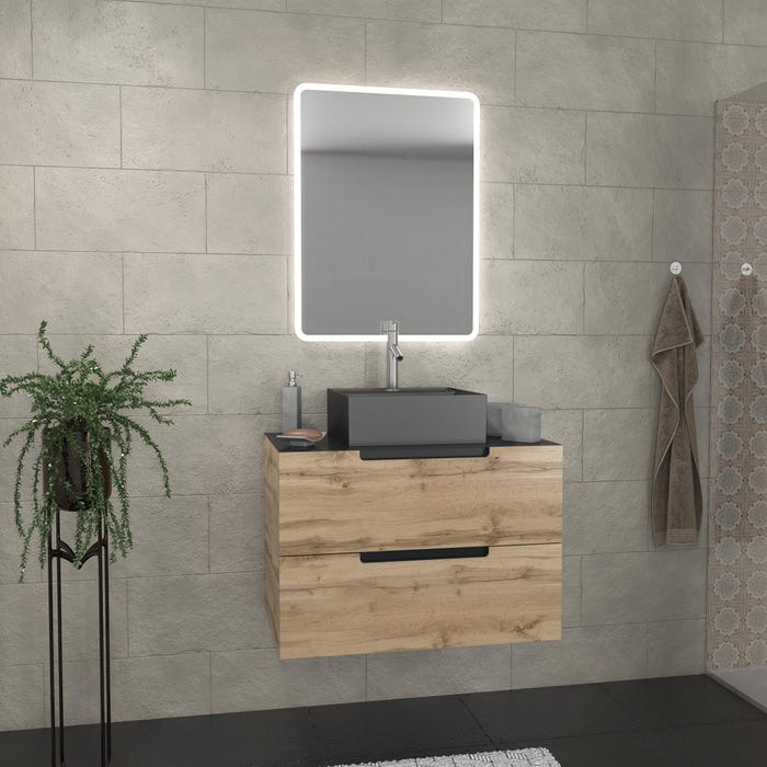 Meuble salle de bains 80 cm 2 tiroirs - Chêne et noir - Vasque carrée - Miroir Led - OMEGA 0