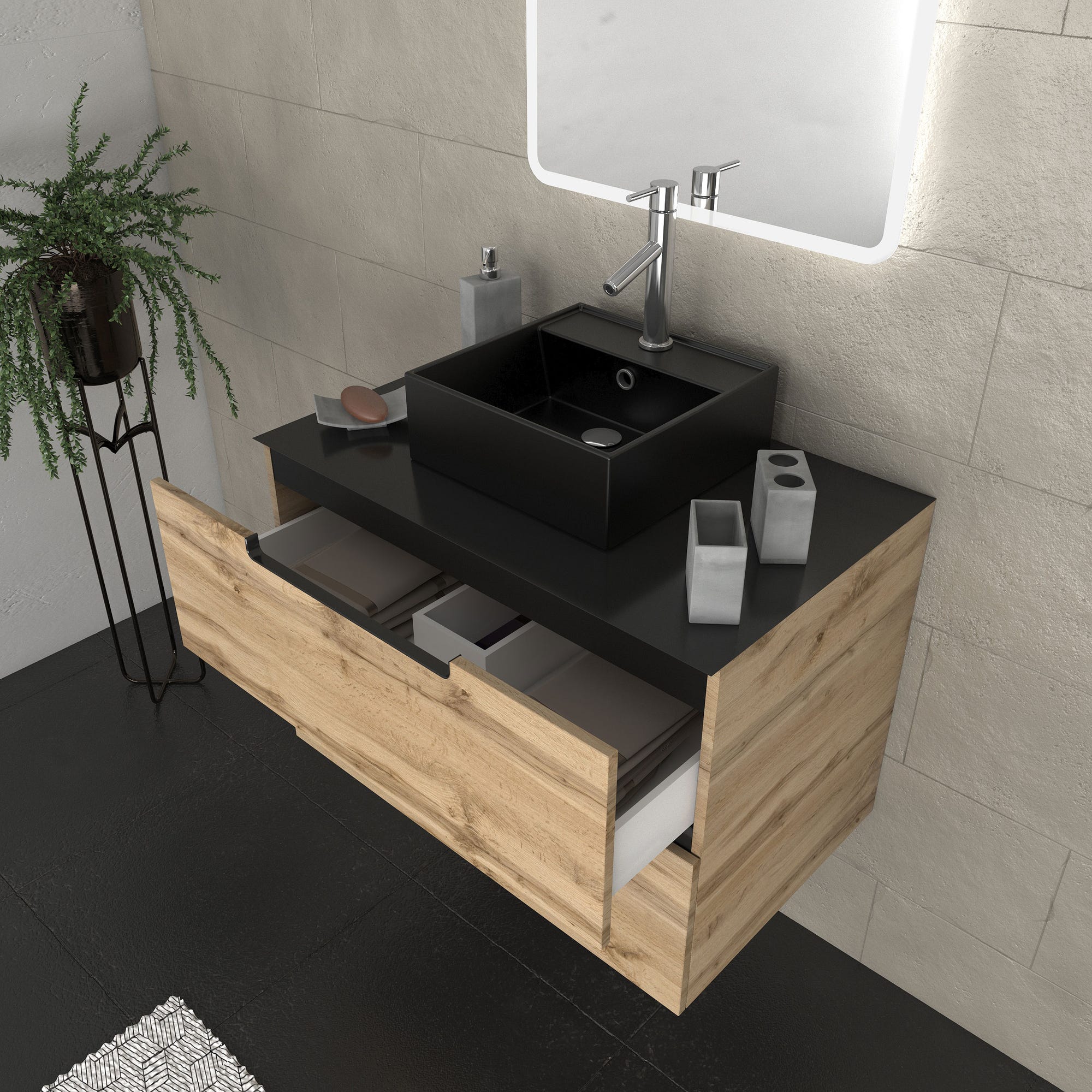 Meuble salle de bains 80 cm 2 tiroirs - Chêne et noir - Vasque carrée - Miroir Led - OMEGA 1