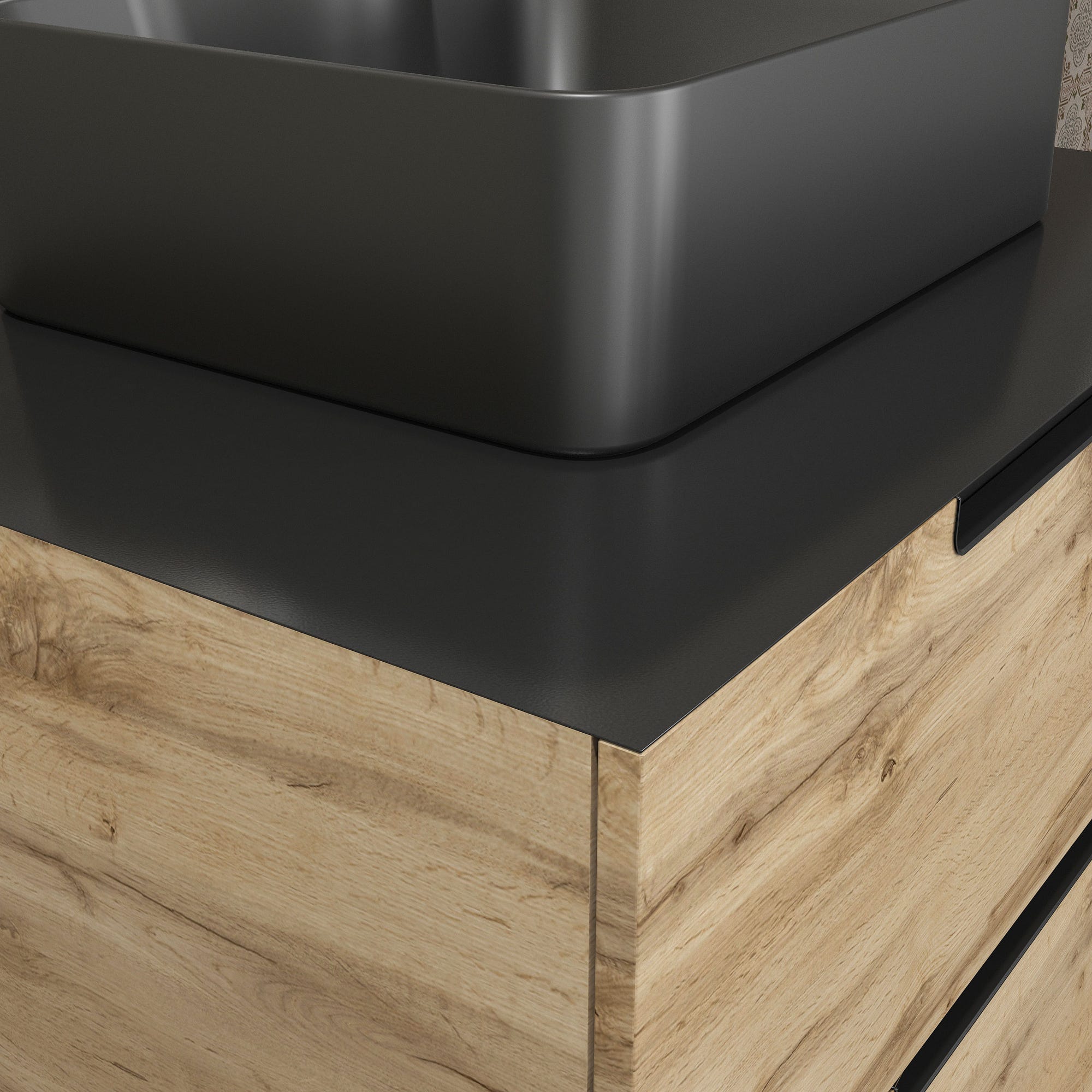 Meuble salle de bains 80 cm 2 tiroirs - Chêne et noir - Vasque rectangle - Miroir Black Led - OMEGA 4