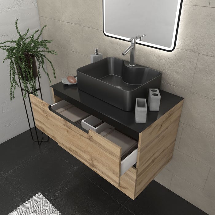 Meuble salle de bains 80 cm 2 tiroirs - Chêne et noir - Vasque rectangle - Miroir Black Led - OMEGA 1