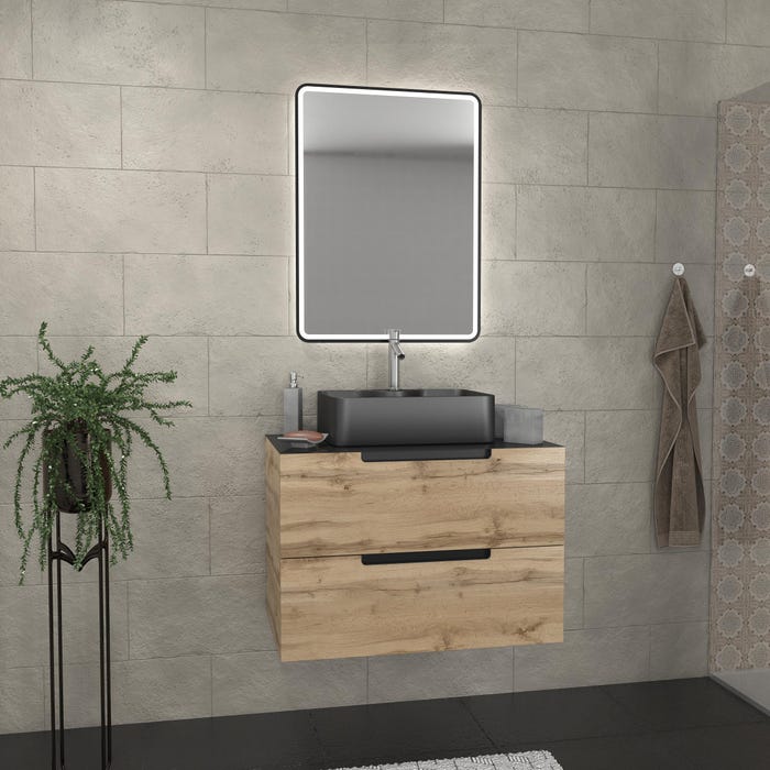 Meuble salle de bains 80 cm 2 tiroirs - Chêne et noir - Vasque rectangle - Miroir Black Led - OMEGA 0
