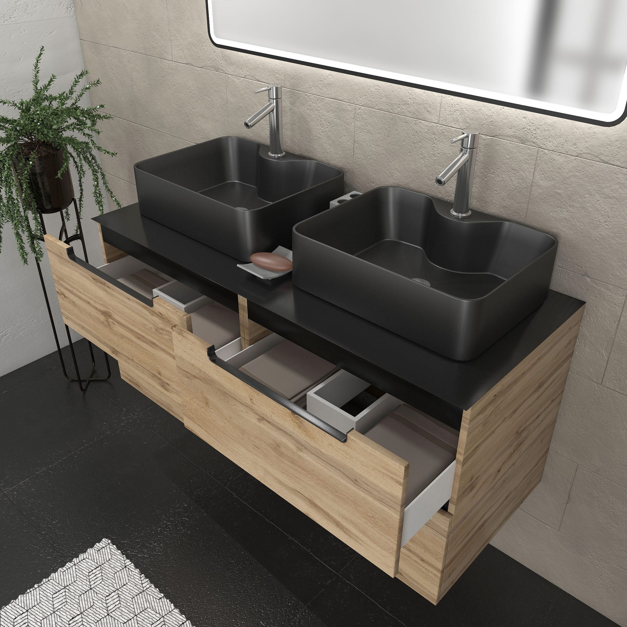 Meuble salle de bains 120cm Chêne et noir, Vasques rectangulaires et Miroir Black Led 120x70 - OMEGA 1