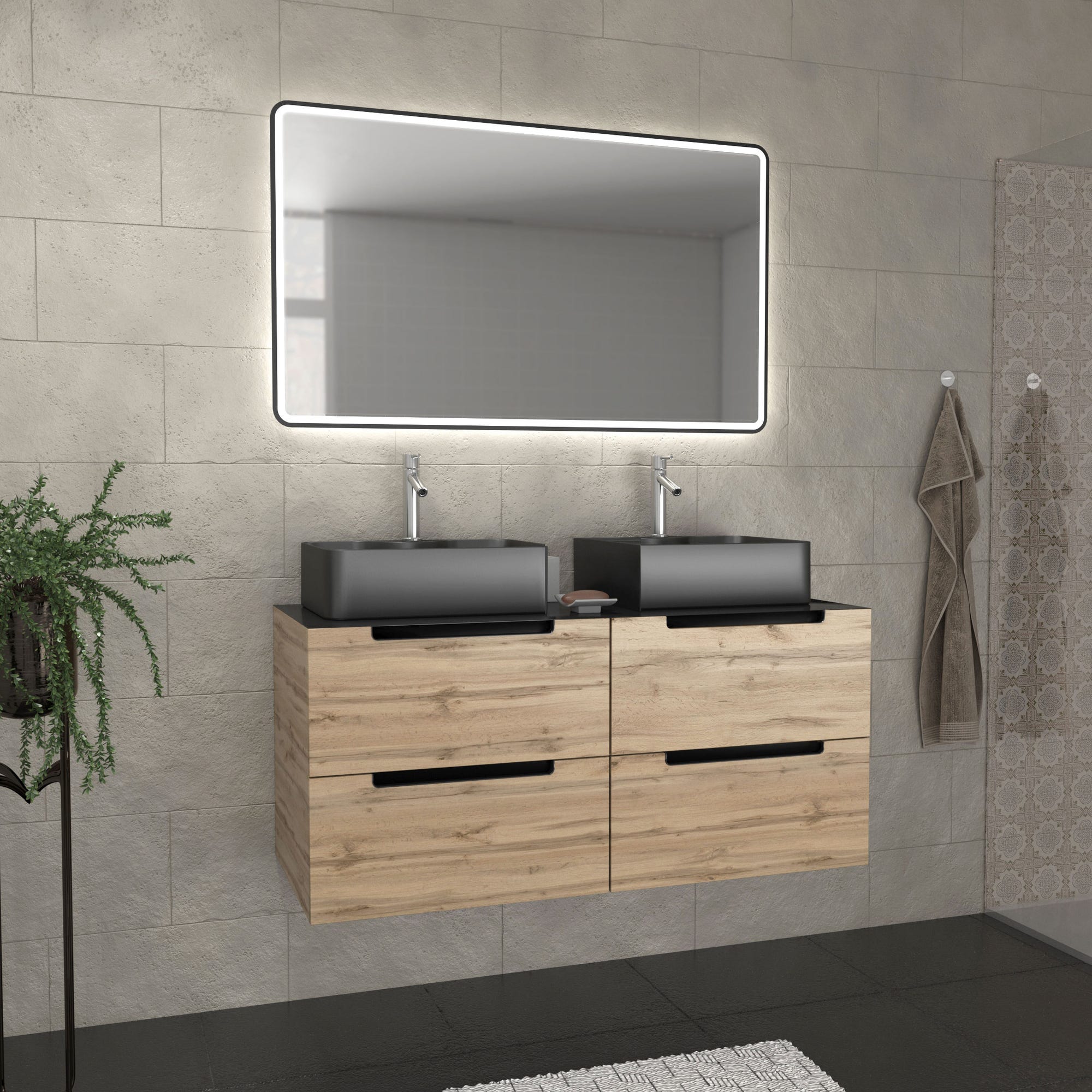 Meuble salle de bains 120cm Chêne et noir, Vasques rectangulaires et Miroir Black Led 120x70 - OMEGA 0