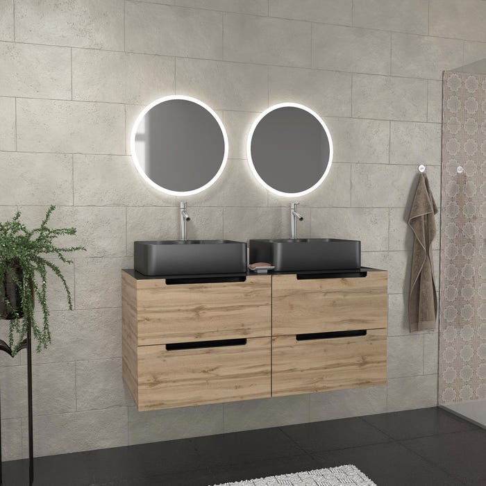 Meuble salle de bains 120cm Chêne et noir, Vasques rectangulaires et Miroirs Led Ø50cm - OMEGA 0