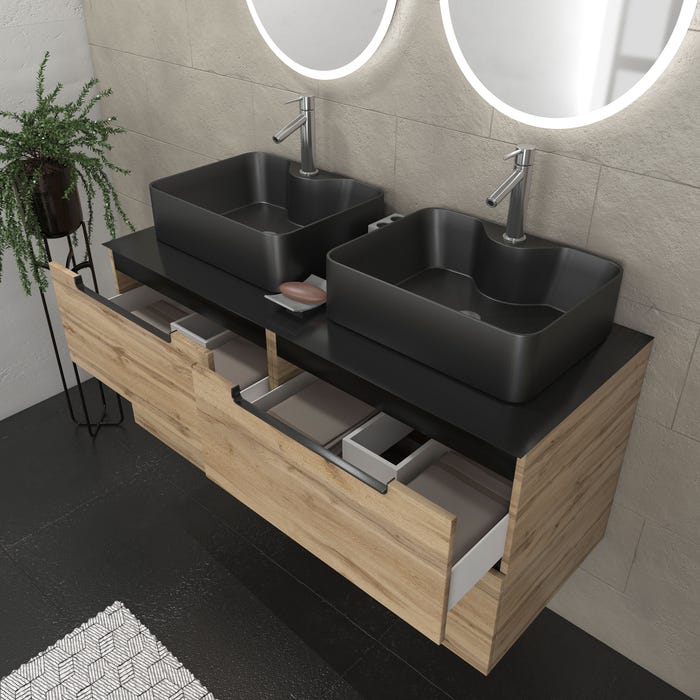 Meuble salle de bains 120cm Chêne et noir, Vasques rectangulaires et Miroirs Led Ø50cm - OMEGA 1