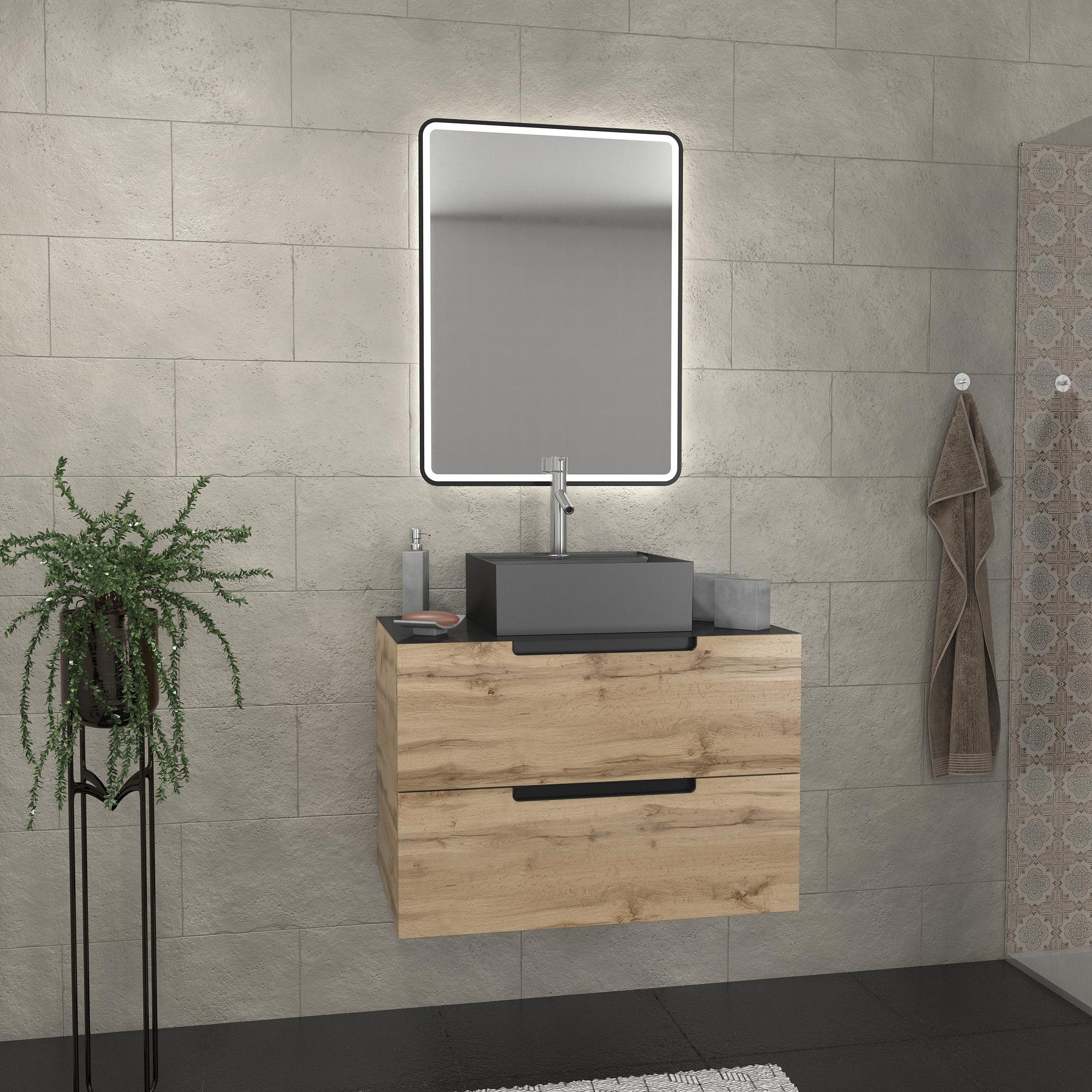 Meuble salle de bains 80 cm 2 tiroirs - Chêne et noir - Vasque carrée - Miroir Black Led - OMEGA 0