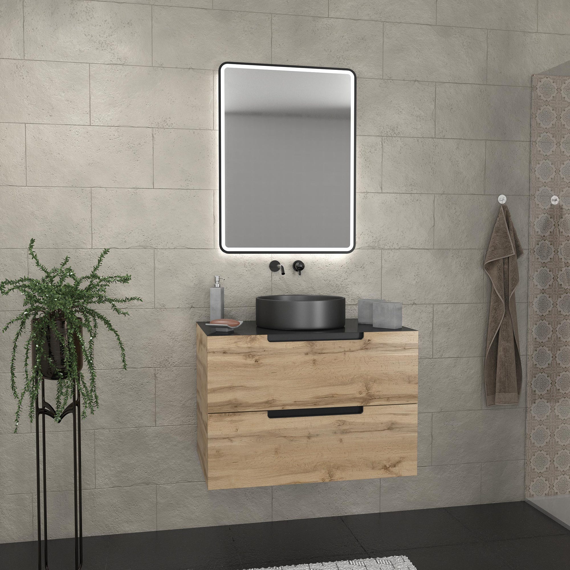 Meuble salle de bains 80 cm 2 tiroirs - Chêne et noir - Vasque ronde - Miroir Black Led - OMEGA 0