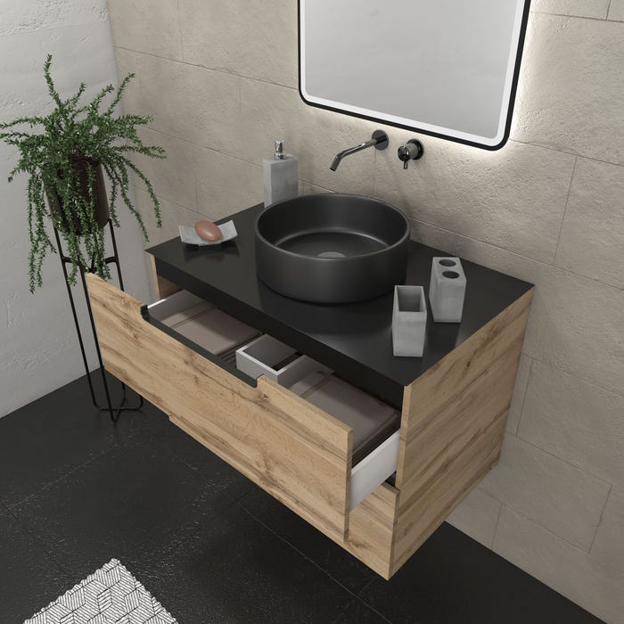 Meuble salle de bains 80 cm 2 tiroirs - Chêne et noir - Vasque ronde - Miroir Black Led - OMEGA 1