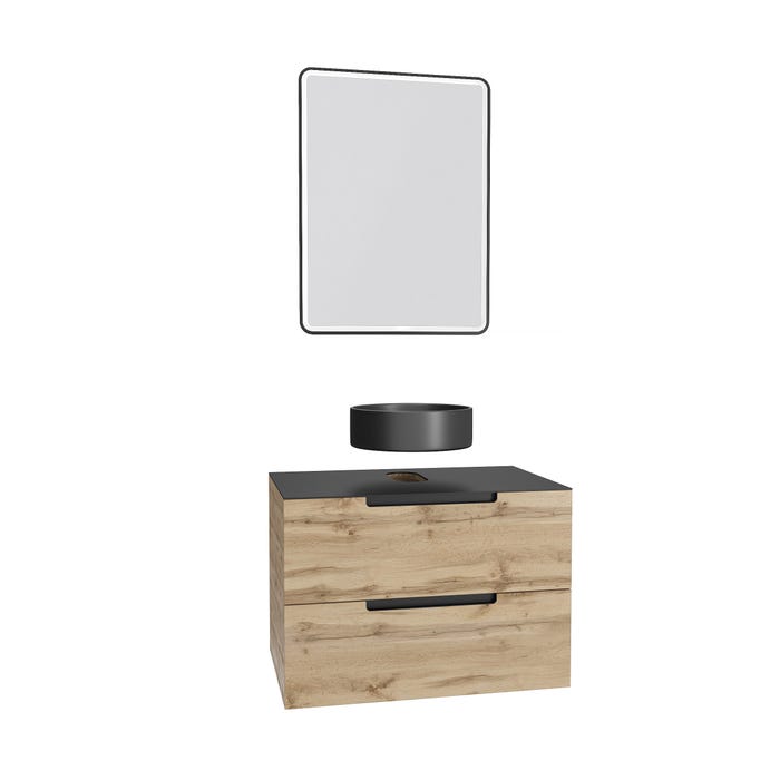 Meuble salle de bains 80 cm 2 tiroirs - Chêne et noir - Vasque ronde - Miroir Black Led - OMEGA 2