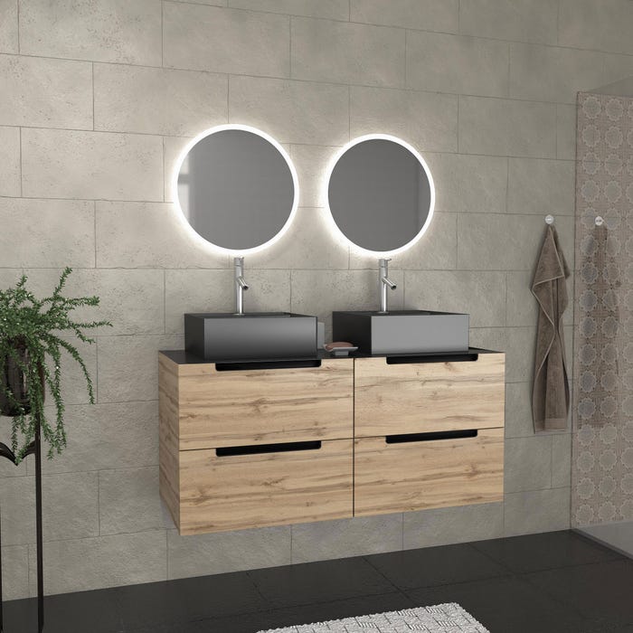Meuble salle de bains 120cm Chêne et noir, Vasques carrées et Miroirs Led Ø50cm - OMEGA 0