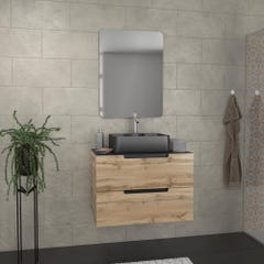 Meuble salle de bains 80 cm 2 tiroirs - Chêne et noir - Vasque rectangle - Miroir 60x80 - OMEGA 0