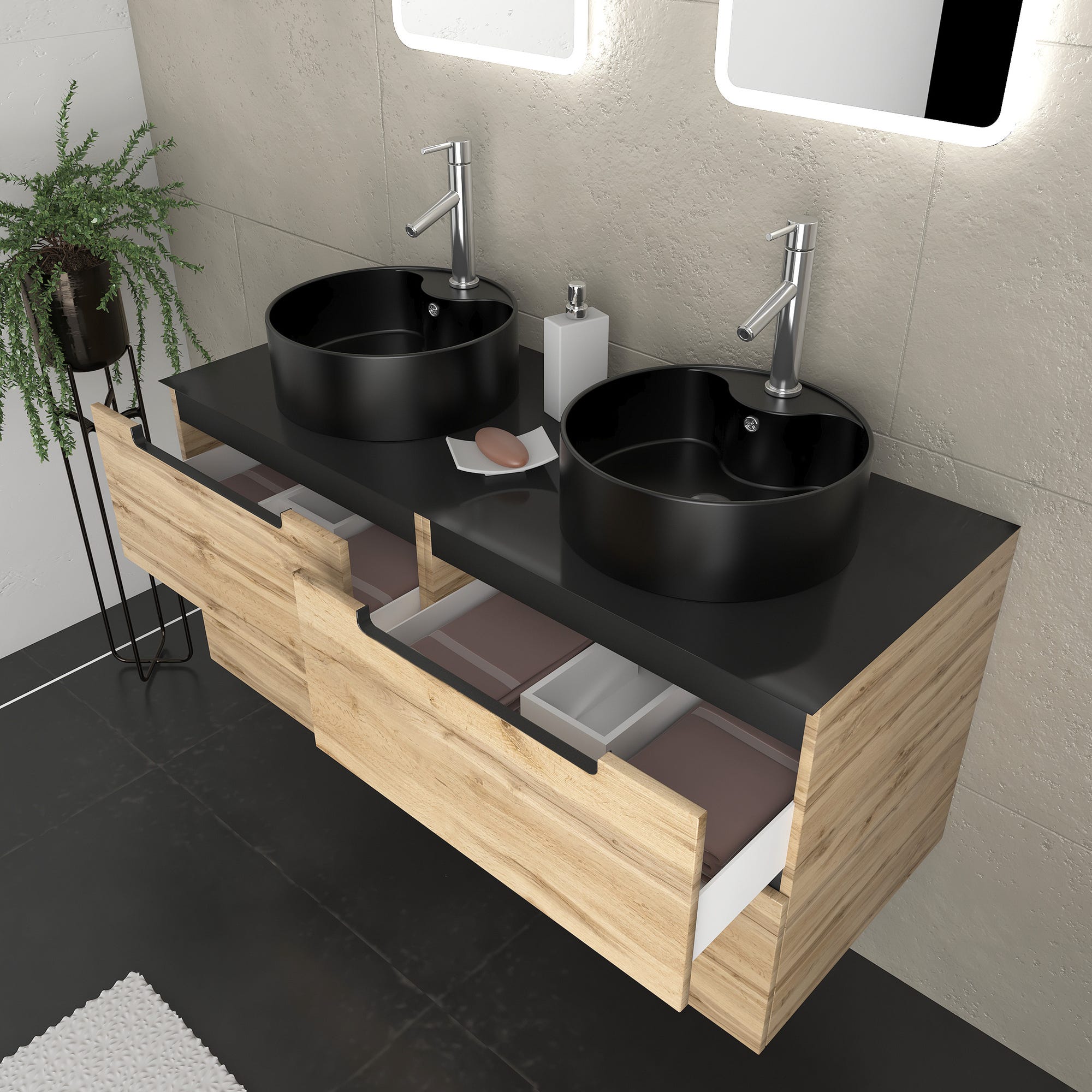 Meuble salle de bains 120cm Chêne et noir, Vasques rondes Ø41cm et Miroirs Led 40x60 - OMEGA 1