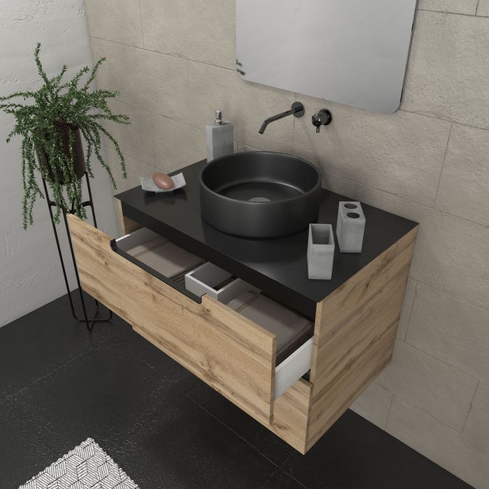 Meuble salle de bains 80 cm 2 tiroirs - Chêne et noir - Vasque ronde - Miroir 60x80 - OMEGA 1