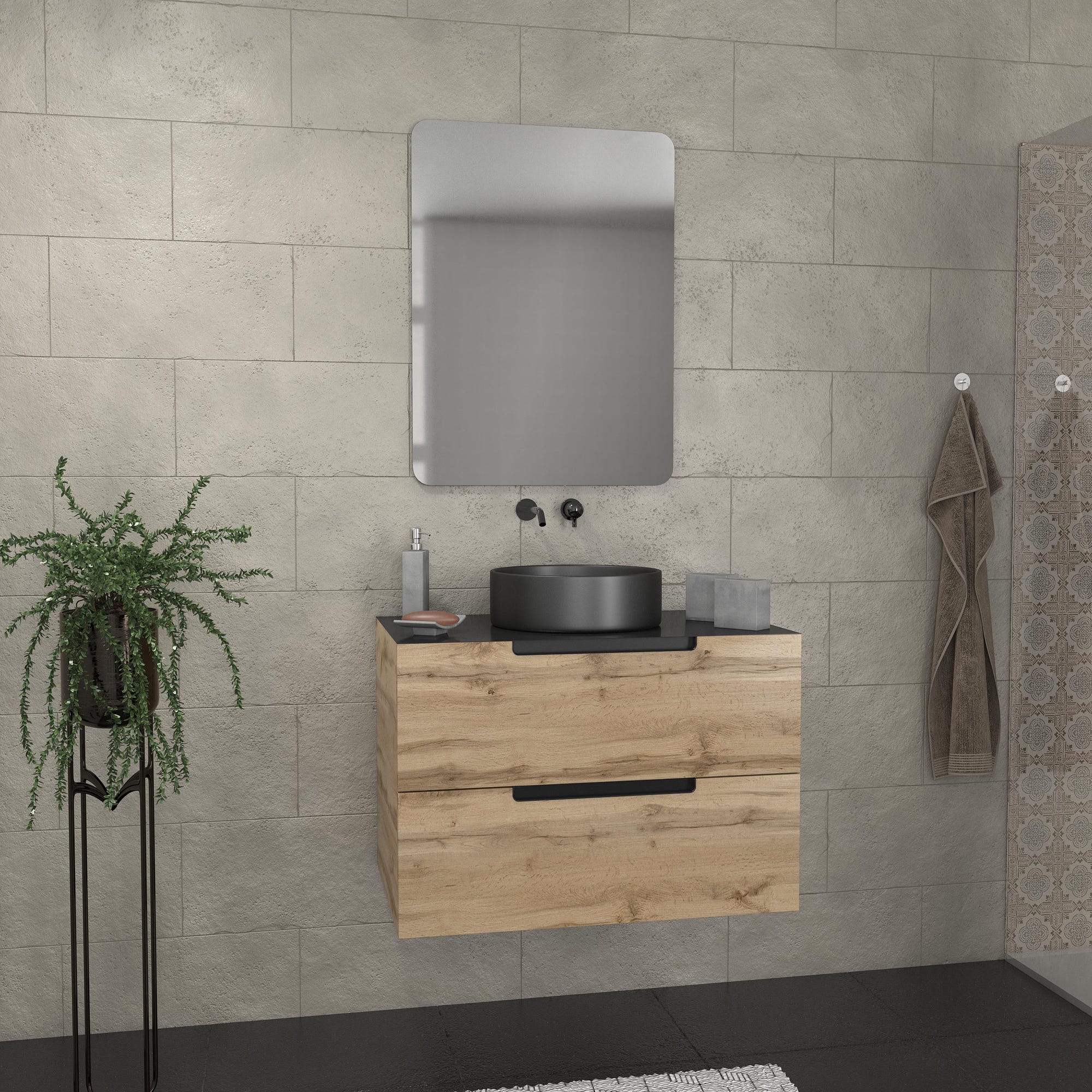 Meuble salle de bains 80 cm 2 tiroirs - Chêne et noir - Vasque ronde - Miroir 60x80 - OMEGA 0