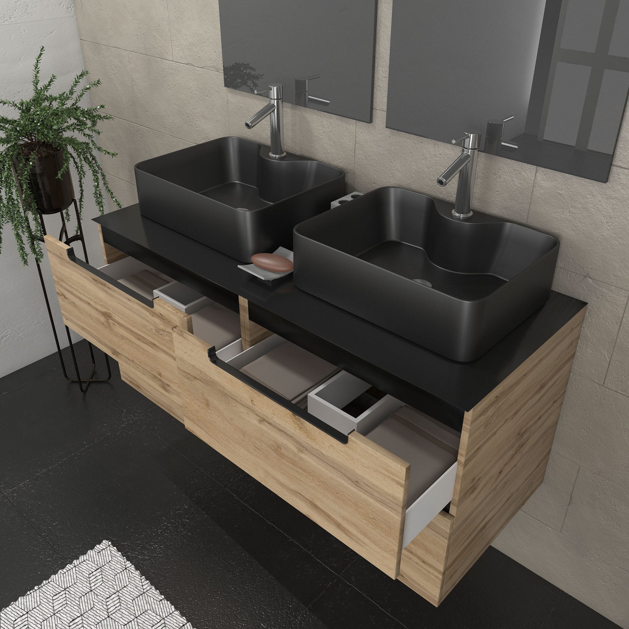Meuble salle de bains 120cm Chêne et noir, Vasques rectangles & Miroirs avec appliques 55x75 - OMEGA 1