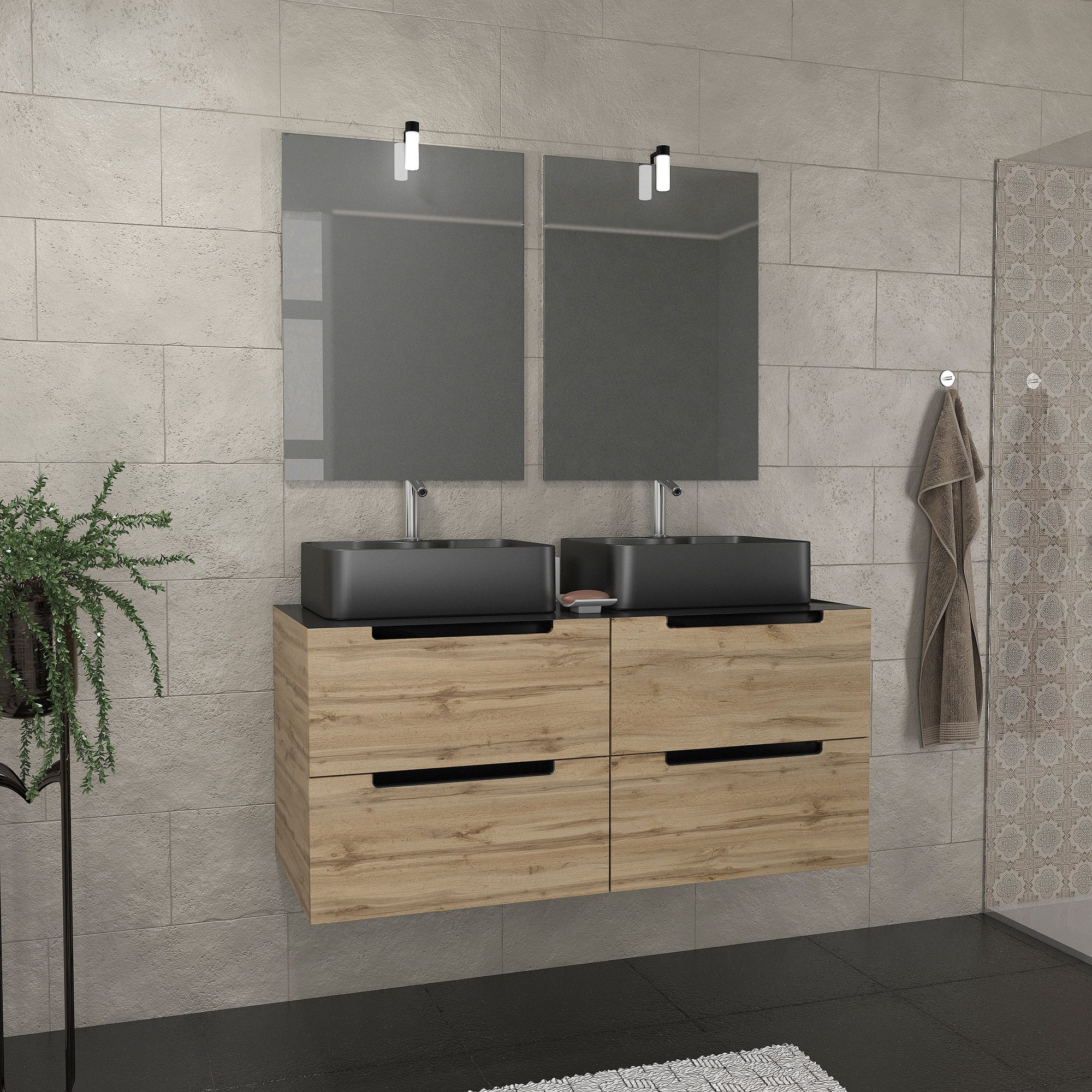 Meuble salle de bains 120cm Chêne et noir, Vasques rectangles & Miroirs avec appliques 55x75 - OMEGA 0