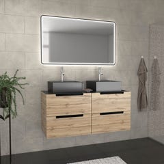 Meuble salle de bains 120cm Chêne et noir, Vasques carrées et Miroir Black Led 120x70 - OMEGA 0