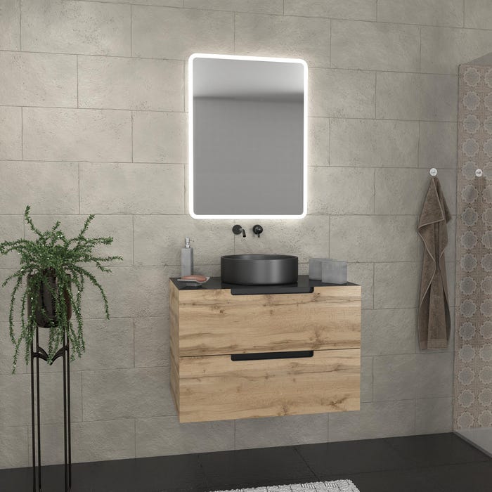 Meuble salle de bains 80 cm 2 tiroirs - Chêne et noir - Vasque ronde - Miroir Led - OMEGA 0
