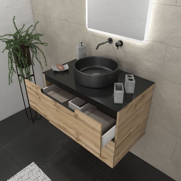 Meuble salle de bains 80 cm 2 tiroirs - Chêne et noir - Vasque ronde - Miroir Led - OMEGA 1