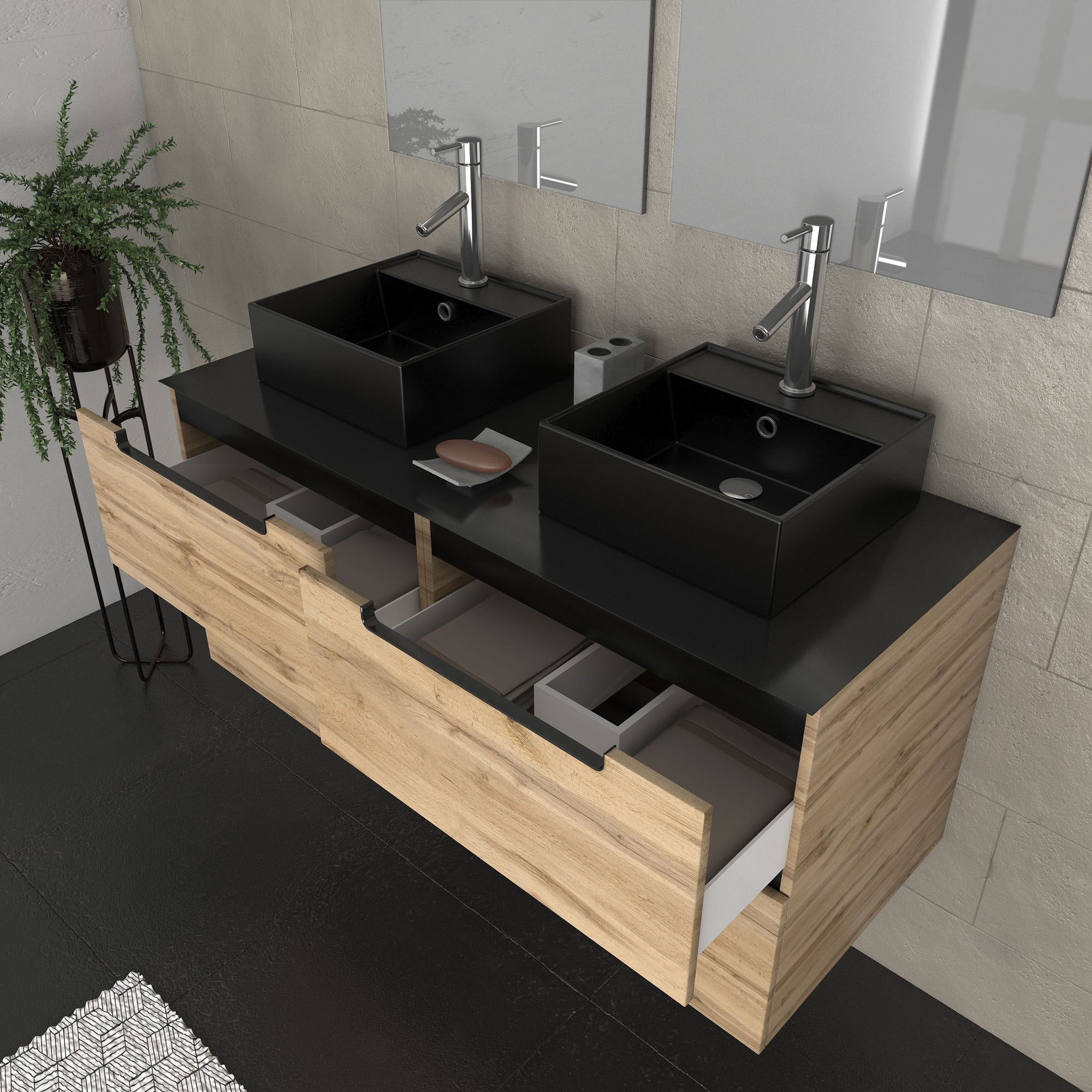 Meuble salle de bains 120cm Chêne et noir, Vasques carrées & Miroirs avec appliques 55x75 - OMEGA 1