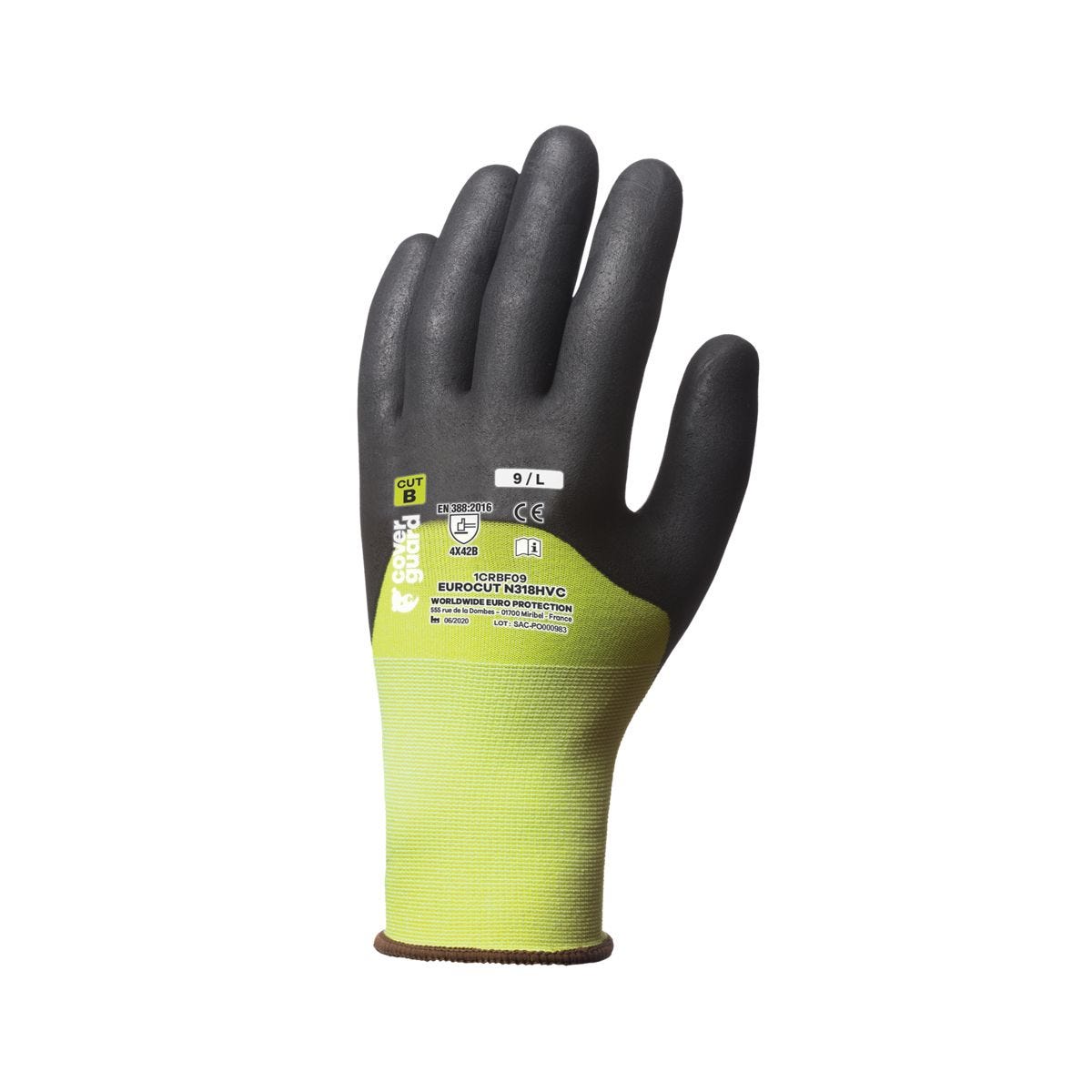 Lot de 5 gants EUROCUT N318HVC HPPE cut B 18G jaune 3/4 end.nitr. - COVERGUARD - Taille L-9 0