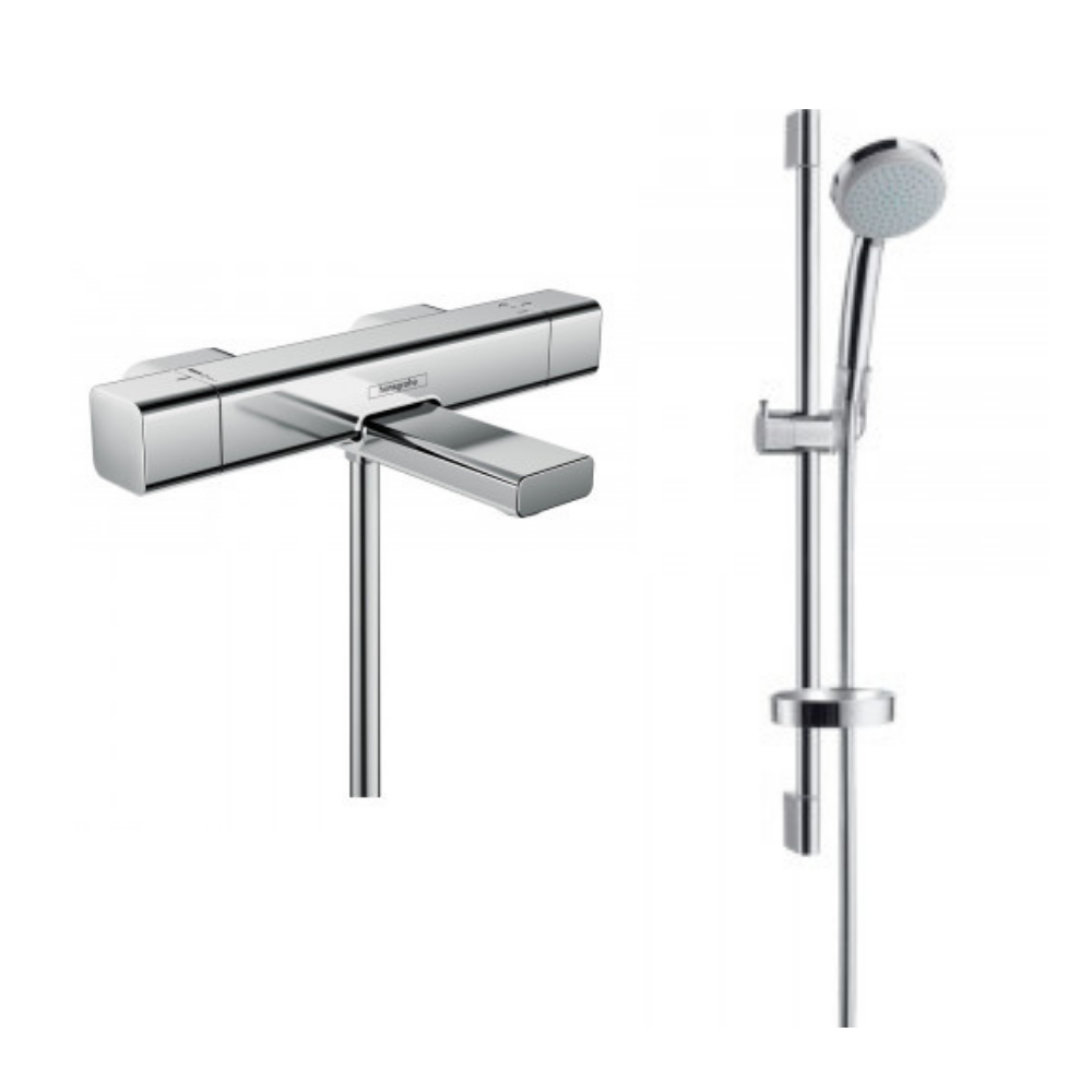 Hansgrohe Mitigeur thermostatique bain Ecostat e avec barre et douchette 4 jets Vario chrome