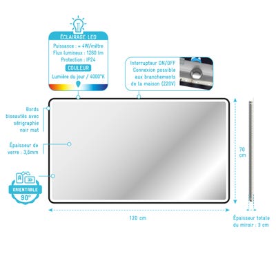 Miroir salle de bain avec eclairage LED et contour noir - 120x70cm - GO BLACK LED 3