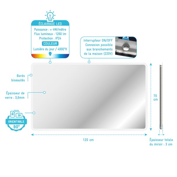 Miroir salle de bain avec eclairage LED - 120x70cm - GO LED 9